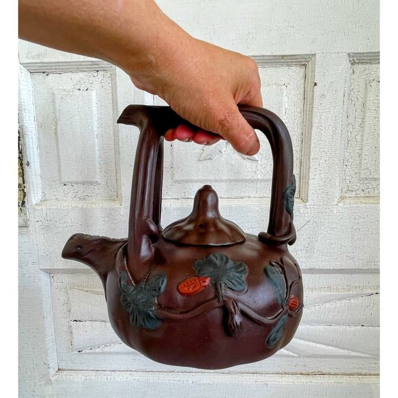 Vintage Clay Pumpkin Chinese Yixing Teapot Vines Big Stem Handle Signed - Picture 12 of 16